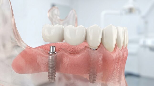 Dental implant restoration close up of titanium implants and prosthetic teeth
