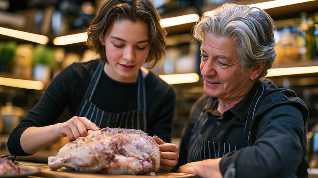 An intergenerational cooking class takes place in a vibrant community kitchen, a teenage participant carefully learning to butcher a whole chicken under the patient guidance of a retired professiona