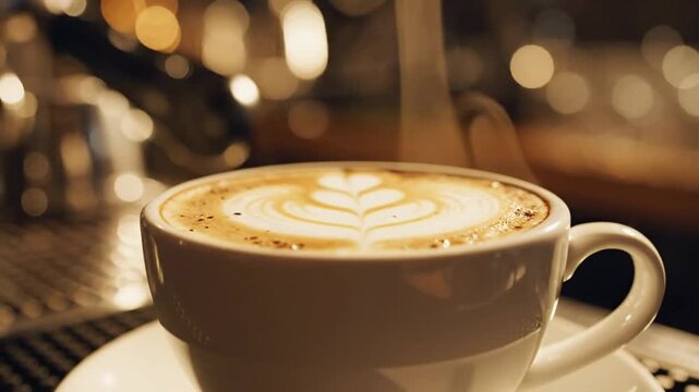 Steaming latte art coffee in white cup with bokeh background