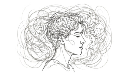 Fototapeta premium Continuous Line Brain Fog Cognitive Blur Lack of Focus Minimal Black Line Art Illustration Concept