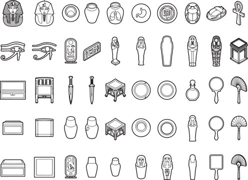 A collection of hand-drawn icons representing ancient Egyptian artifacts, sarcophagi, hieroglyphs, and symbols, displayed in a grid format.