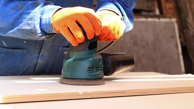 Worker sands wooden surface with random orbital sander. Professional craftsman in protective orange gloves uses orbital sander for finishing plywood. Close-up of woodworking process in workshop