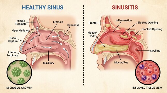 Healthy sinus vs sinusitis comparison diagram