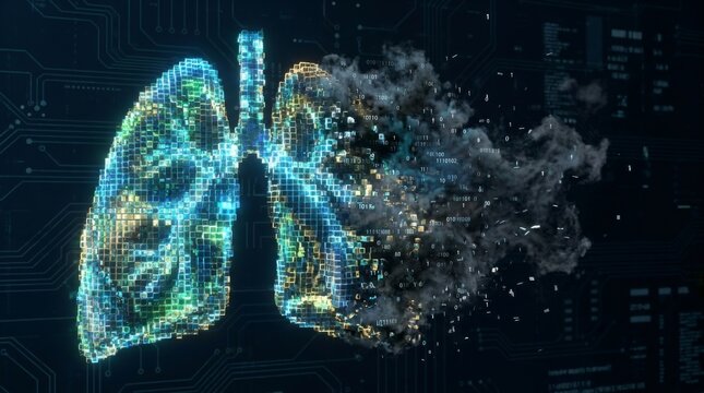 Digital lungs dissolving into smoke on a circuit board background representing health and technology