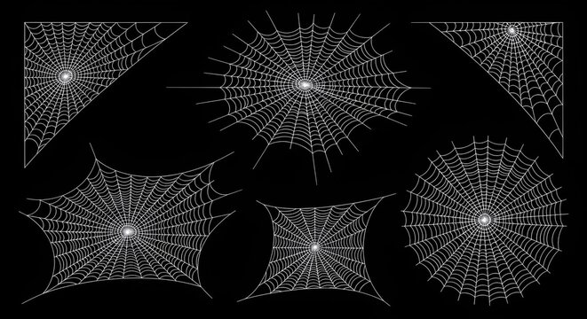 Collection of intricate white spider webs on black background, Halloween theme