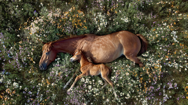 Aerial top down view of a beautiful brown mare horse and her small newborn foal sleeping peacefully side by side in a lush green spring meadow filled with colorful wildflowers chamomile