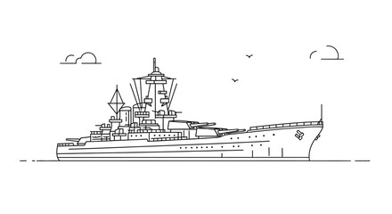 Line drawing of a large warship with superstructure and deck guns on calm waters under a partly cloudy sky with birds flying. © Dhiyak