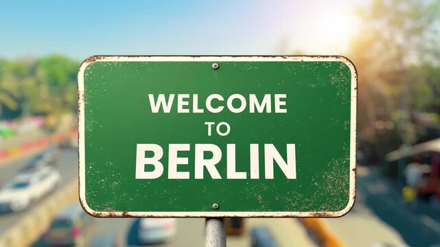green highway road signs welcoming travelers to iconic destinations in Germany