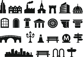 Fototapeta premium Urban architecture and city infrastructure icons feature a detailed selection of building types and street elements for city planning projects.