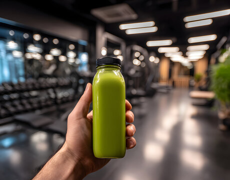 Hand holding green smoothie bottle in a modern gym interior background