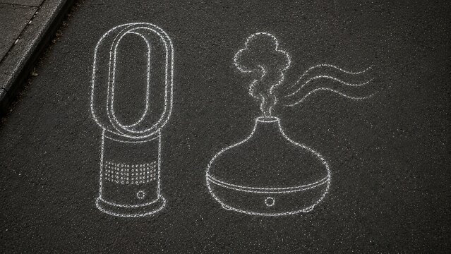 Bladeless fan stands and aroma diffuser of chalk outline.