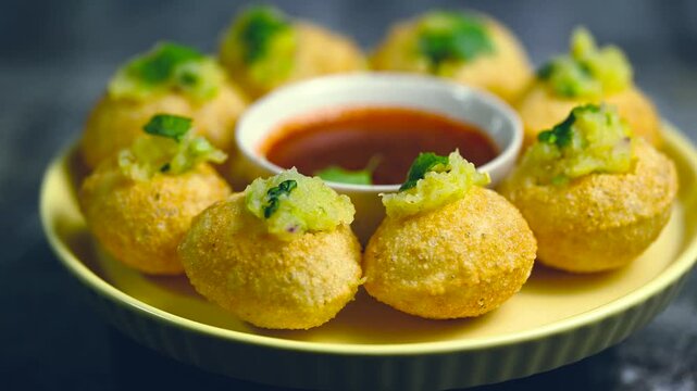 Close up of Indian street food fuchka on a plate glass with sour spicy water. Dahi Pani puri a chat item in India. 4K indian street food snacks.