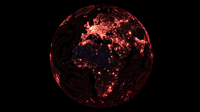 Glowing red map of Europe and Africa at night from space