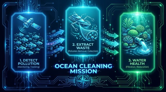 Ocean cleaning mission infographic showing satellite pollution detection robotic waste extraction and water filtration restoration process in futuristic blue neon style