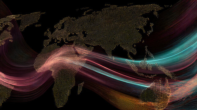 Vibrant digital network connections across a world map background