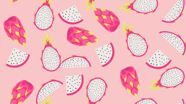 Looping dragon fruit seamless pattern animation with colorful tropical fruit design for background and motion graphics.