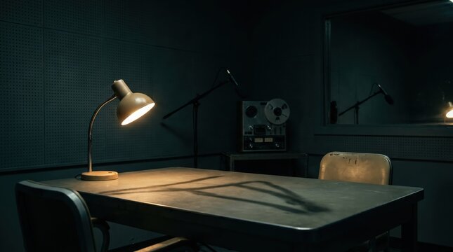 Empty interrogation room with table lamp and recording equipment silhouette in dark cinematic atmosphere with realistic true crime documentary mood and subtle tension