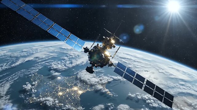 A detailed view of a communication satellite orbiting Earth, showcasing its solar panels and complex structure against the backdrop of a vibrant planet and the sun's glare.
