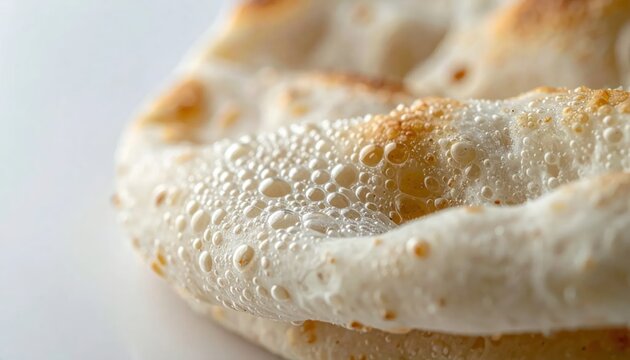 Close up of a golden brown baked flatbread with a bubbly texture.
