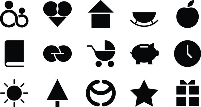 Black on white background, including symbols for family, home, food, technology, and gifts black white background