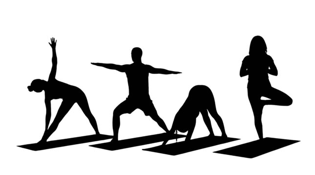 Yoga poses silhouettes on mats isolated on transparent background, Vector