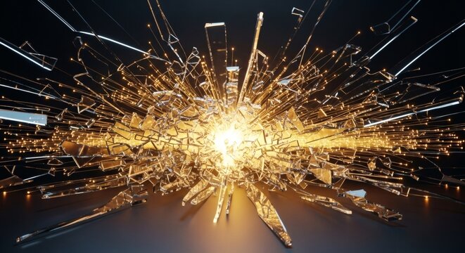 Dramatic glass shattering explosion with golden light rays digital rendering for impact visualization