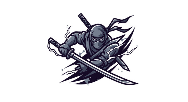 Dynamic illustration of a fierce ninja warrior in action, wielding two katanas with an aggressive and energetic pose, featuring a monochromatic color scheme with dark accents.