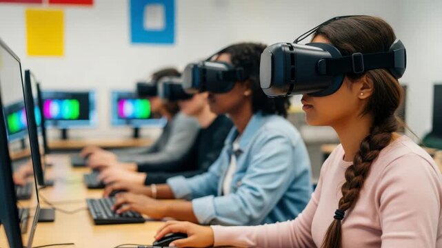 Students wearing VR headsets engage with computers in a modern classroom setting