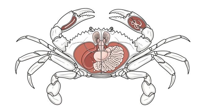 Anatomical illustration showcasing the internal organs of a crab, including its digestive system, circulatory system, and reproductive organs, with a focus on the intricate details of its physiology.