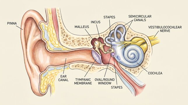 Detailed anatomical illustration of the human ear and hearing system