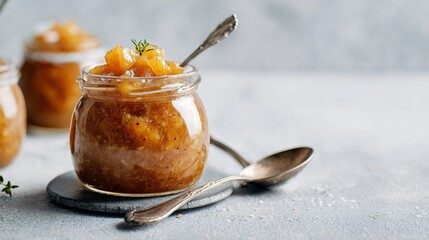 Fototapeta premium A bright modern composition with apple chutney served on a neutral background with ample copy space