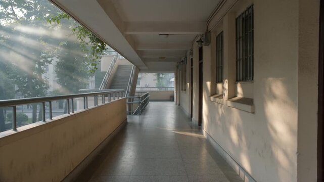 Empty School Corridor Illuminated by Morning Sun Rays Piercing Through Trees, Highlighting