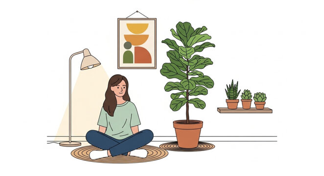 Woman reading a book in a cozy room with plants.