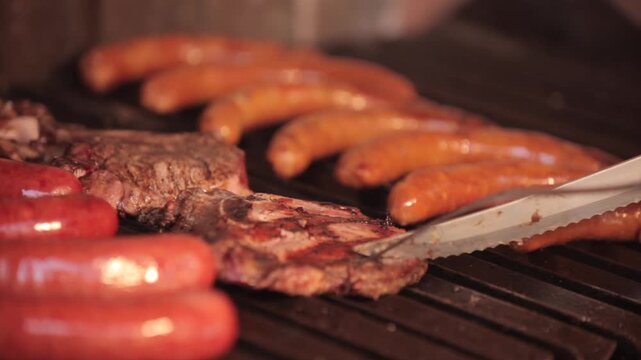 A cooked chop on a grill being cut by a knife. The chop is surrounded by different types of sausage.