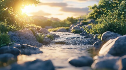 Obraz premium A small creek flows over rocks through lush greenery into a tranquil lake illuminated by golden sunlight.