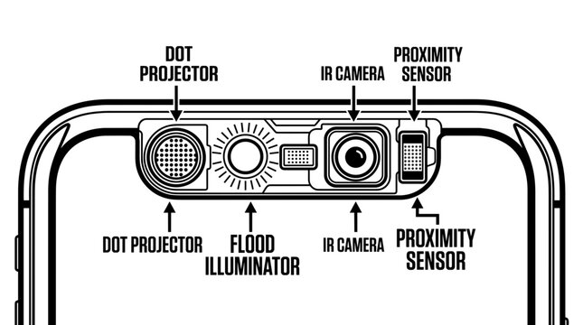 Close up of smartphone front camera and sensor array diagram.