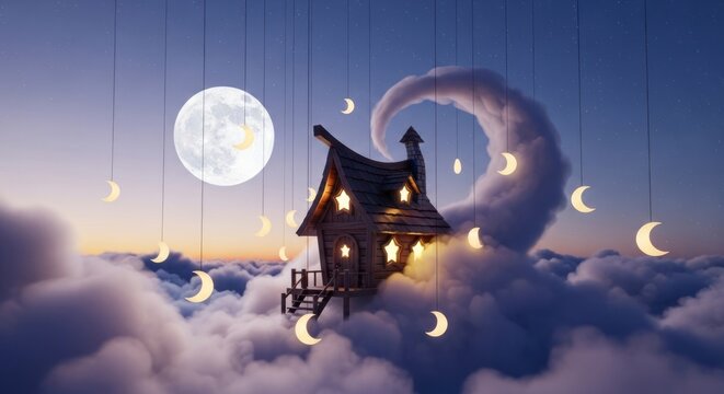 Cabana de fantasia flutuando entre nuvens com elementos decorativos de lua e estrelas.