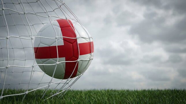 England football world cup soccer ball in goal net on green grass field