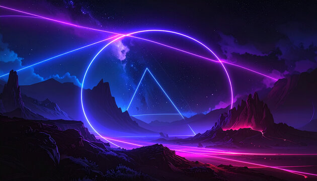 Paisagem com formas geom&eacute;tricas de luz neon
