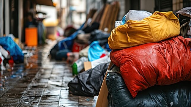 A close-up view of discarded belongings and bags piled high in a makeshift urban settlement, highlighting social issues.