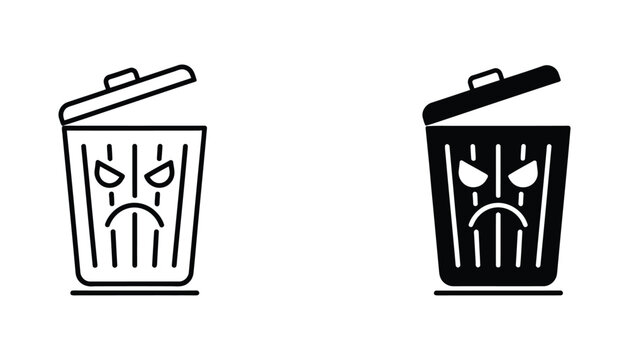 Angry trash can icon set with face in outline and solid black style for waste management and funny cleaning concepts