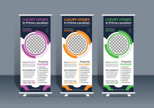 Real Estate Roll Up Banner Template Set, Luxury Property Corporate Standee Layout for Realtor Agency, House Sale Vector Pull Up Banner