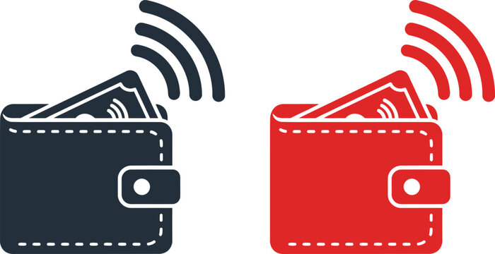 Contactless payment wallets icon set black and red versions