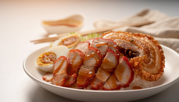 Thai Khao Moo Daeng Red Pork Rice Plate Close-Up