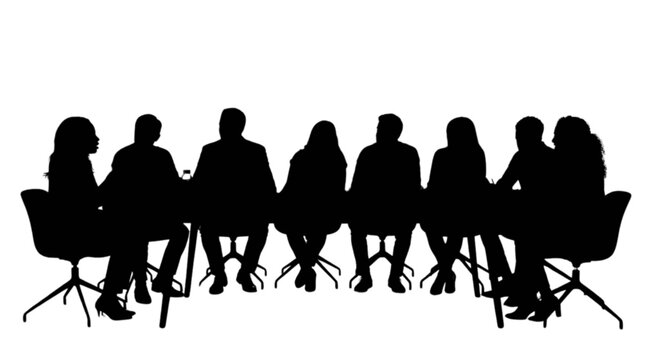 Silhouette group meeting around table discussion isolated on transparent background, Vector