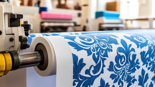 Close-up of a vibrant blue and white floral patterned textile roll being printed on industrial machinery