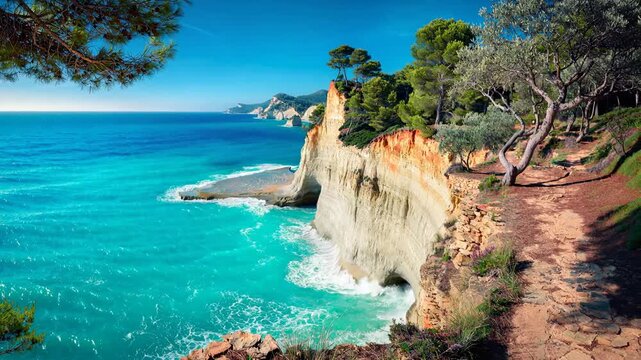 Breathtaking coastal cliffside path winding through lush pine trees beside turquoise ocean water