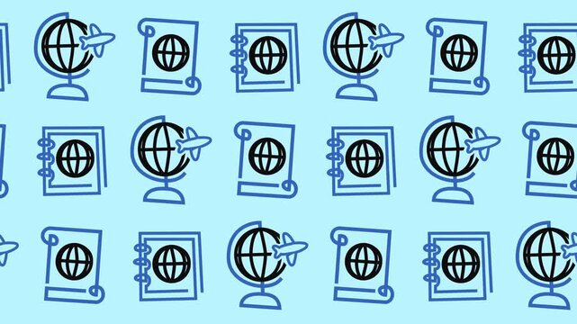 Global travel navigation pattern with seamless globe, airplane, passport, and notebook icons in background animation for international tourism wallpaper concept. Seamless looping.