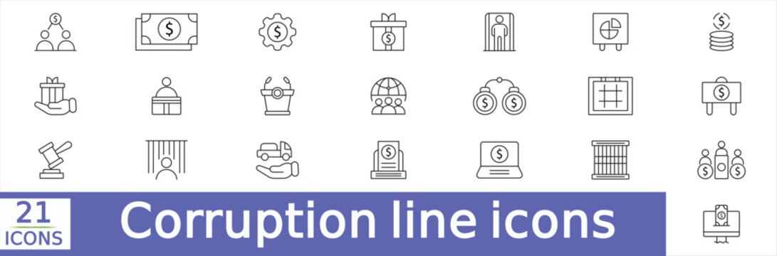  Corruption line icons collection. Bribe, money, illegal, justice, crime icons.flat design. Thin outline icons pack. Vector illustration