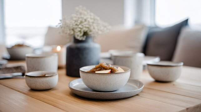 A modern Scandinavian-style setup with apple chutney served in small bowls on a light wooden table with neutral tones and clean styling